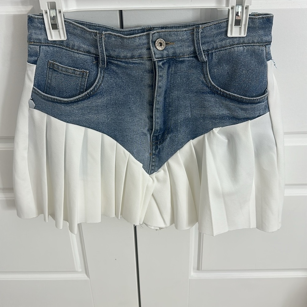 Denim and White Pleated Skirt